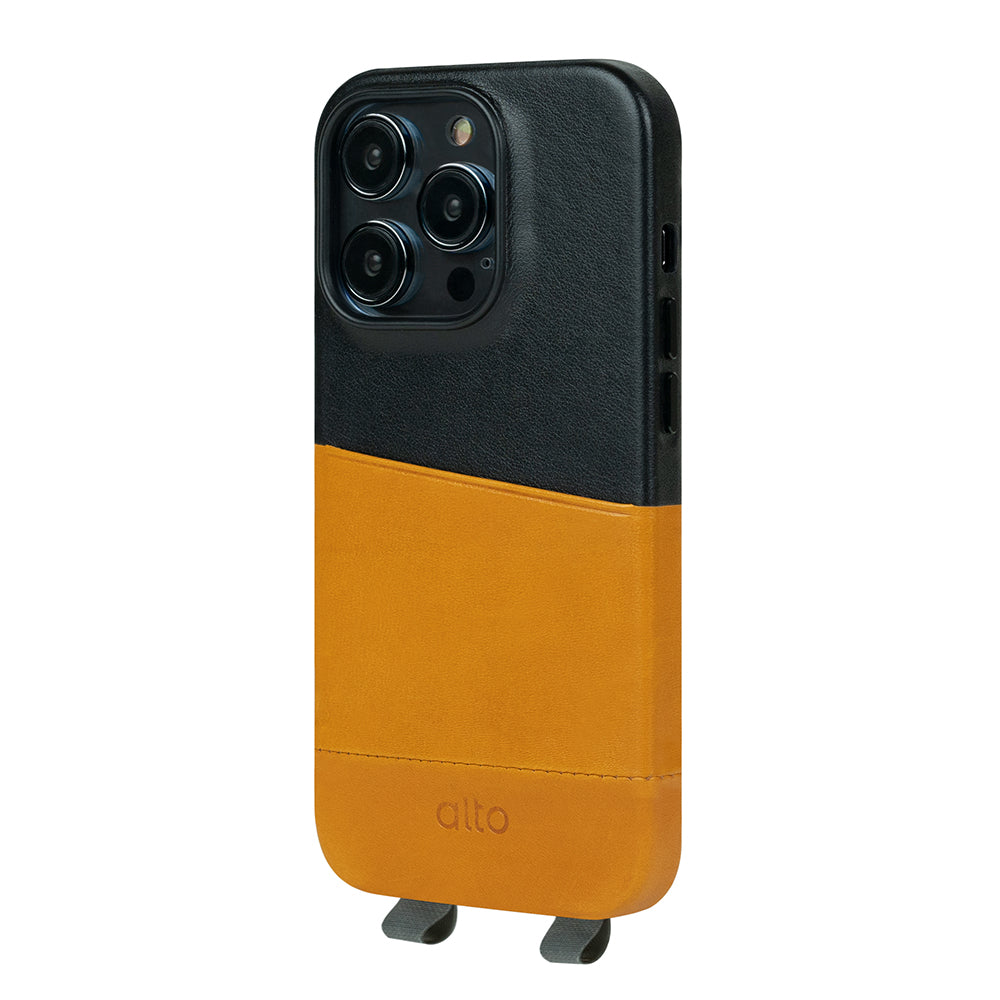 iPhone 14 Series Anello Leather Lanyard Case  - Caramel Brown / Raven Black