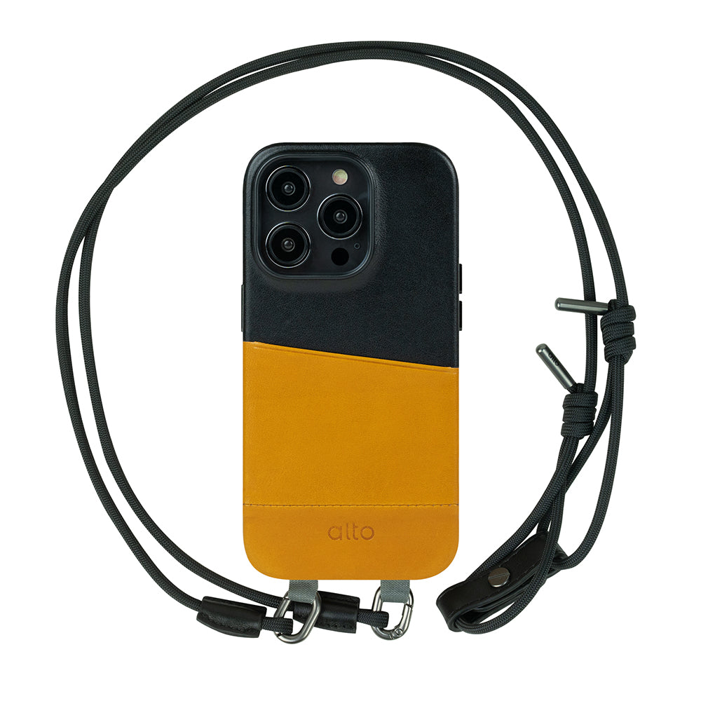 iPhone 14 Series Anello Leather Lanyard Case  - Caramel Brown / Raven Black