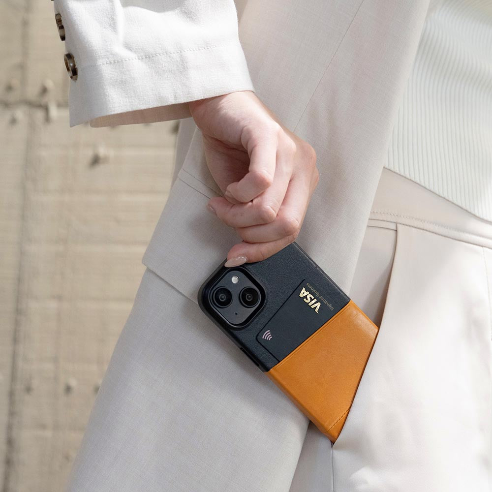 iPhone 14 Series Metro Leather Wallet Case  - Caramel Brown / Raven Black