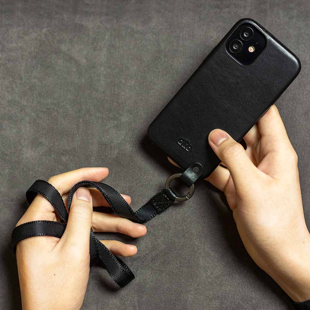 iPhone 12 mini Anello 360 Leather Lanyard Case - Raven Black