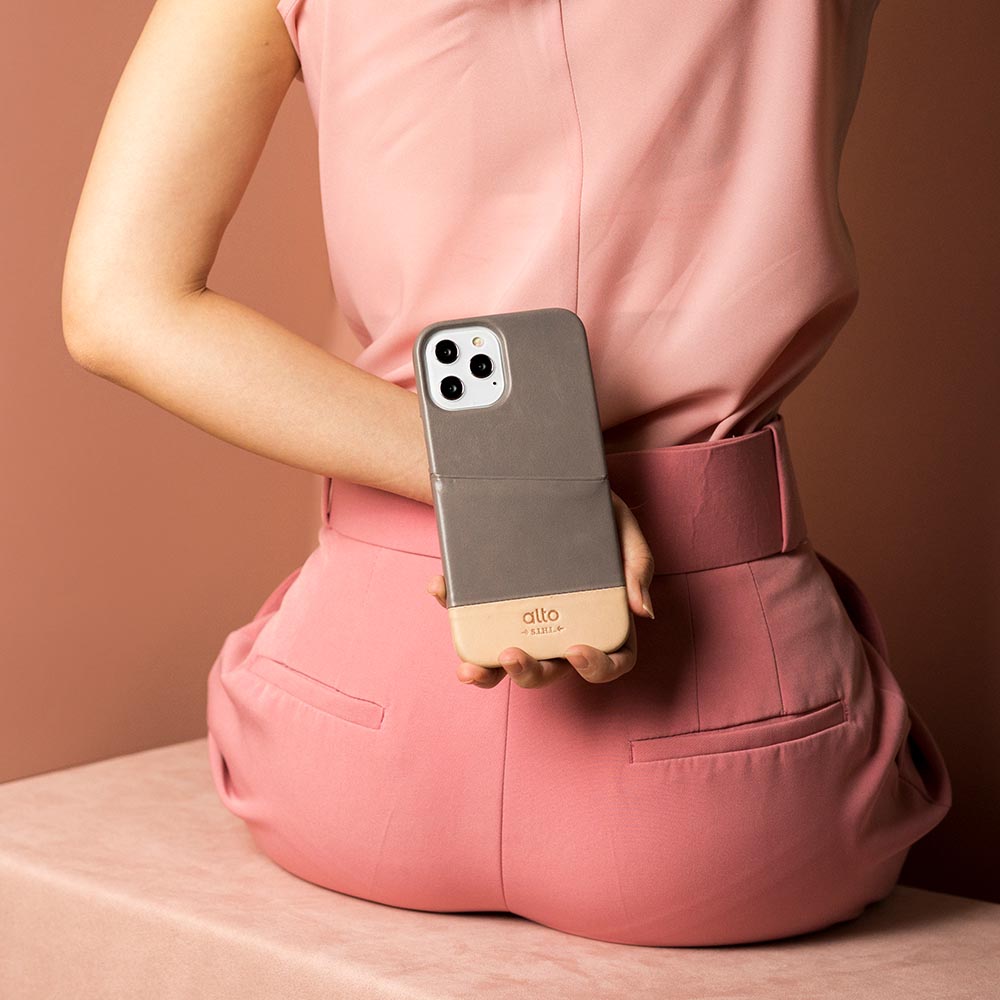 iPhone 12 Series Metro Leather Wallet Case - Cement Gray/Original Nude