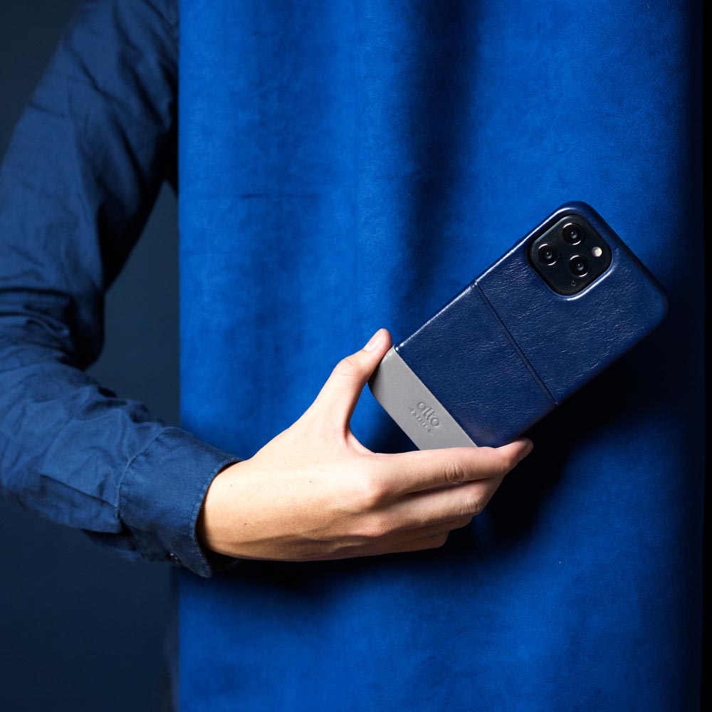 iPhone 12 Series Metro Leather Wallet Case - Navy Blue/Cement Gray