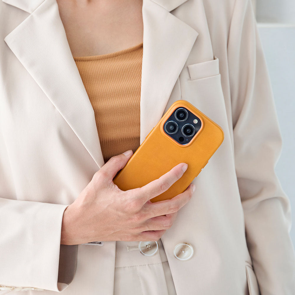 iPhone 14シリーズオリジナルドロップ保護革ケース - キャラメルブラウン