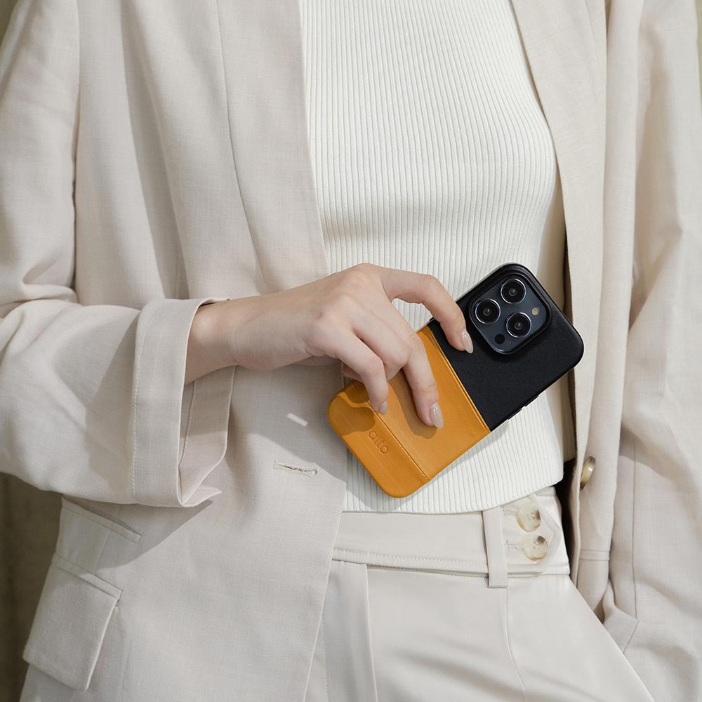 iPhone 14 Series Metro Leather Wallet Case  - Caramel Brown / Raven Black