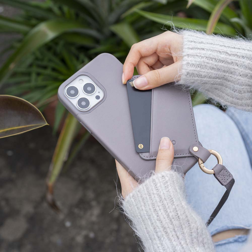 iPhone 13 Series Anello 360 Leather Lanyard Case- Cement Gray
