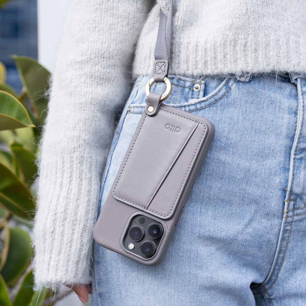 iPhone 13 Series Anello 360 Leather Lanyard Case- Cement Gray