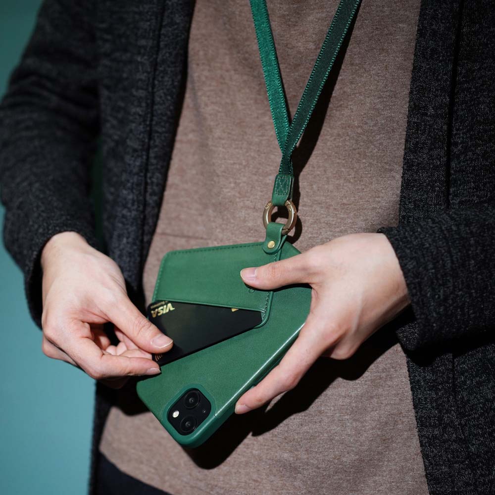 iPhone 13 Series Anello 360 Leather Lanyard Case - Forest Green