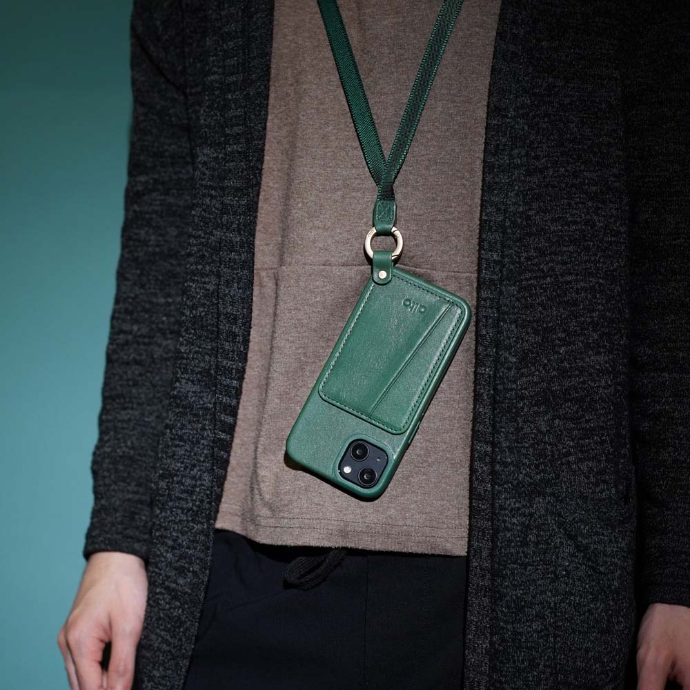 iPhone 13 Series Anello 360 Leather Lanyard Case - Forest Green