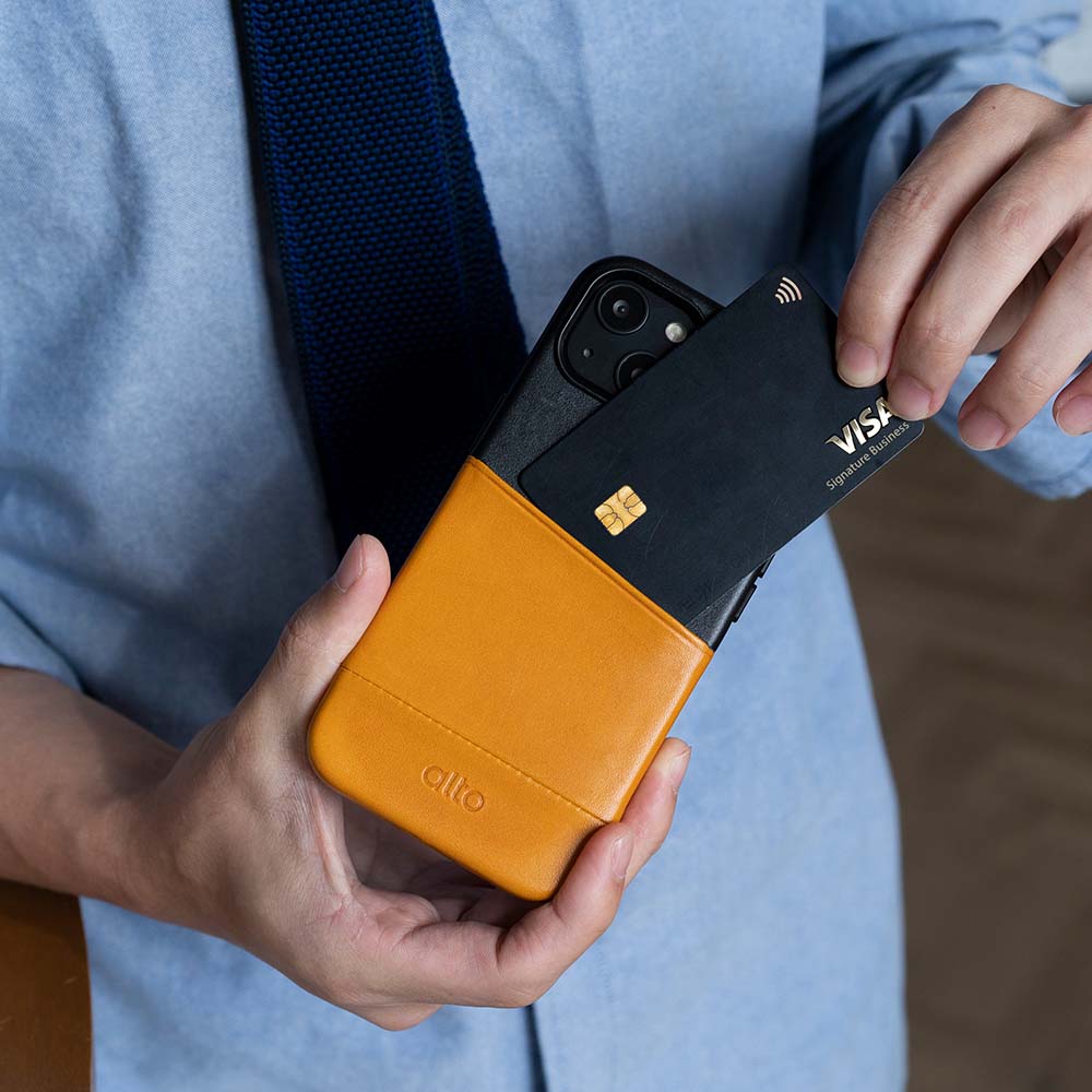 iPhone 13 Series Metro Leather Wallet Case - Raven Black/Caramel Brown