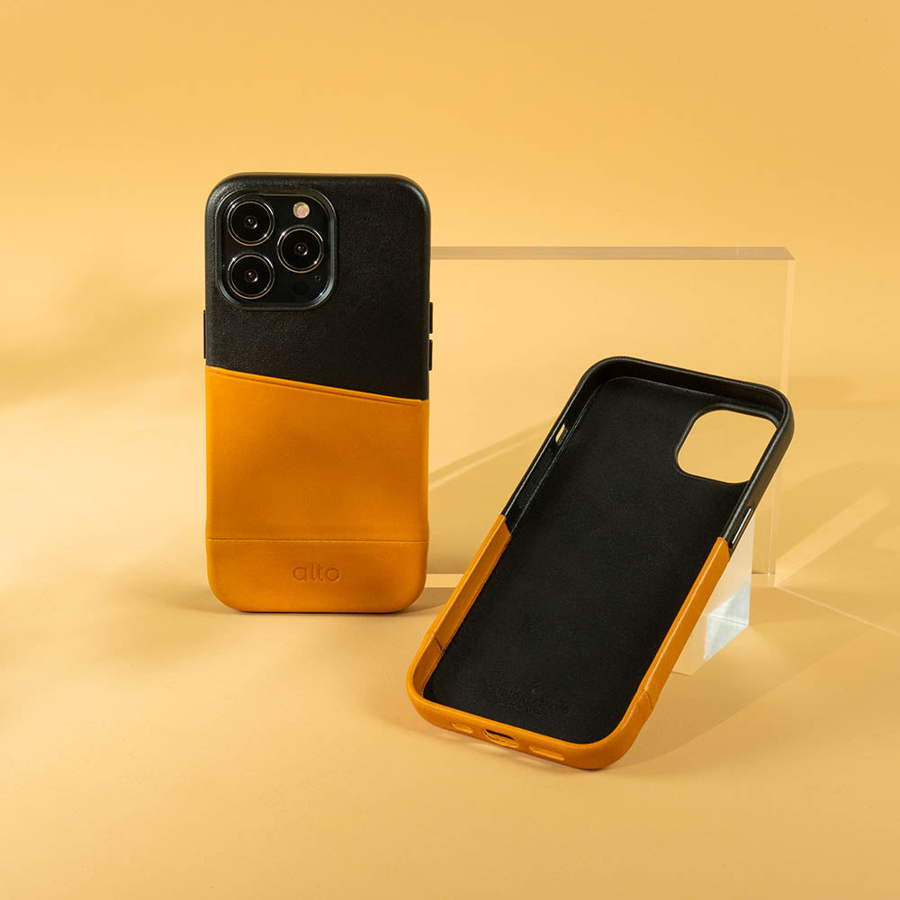 iPhone 13 Series Metro Leather Wallet Case - Raven Black/Caramel Brown