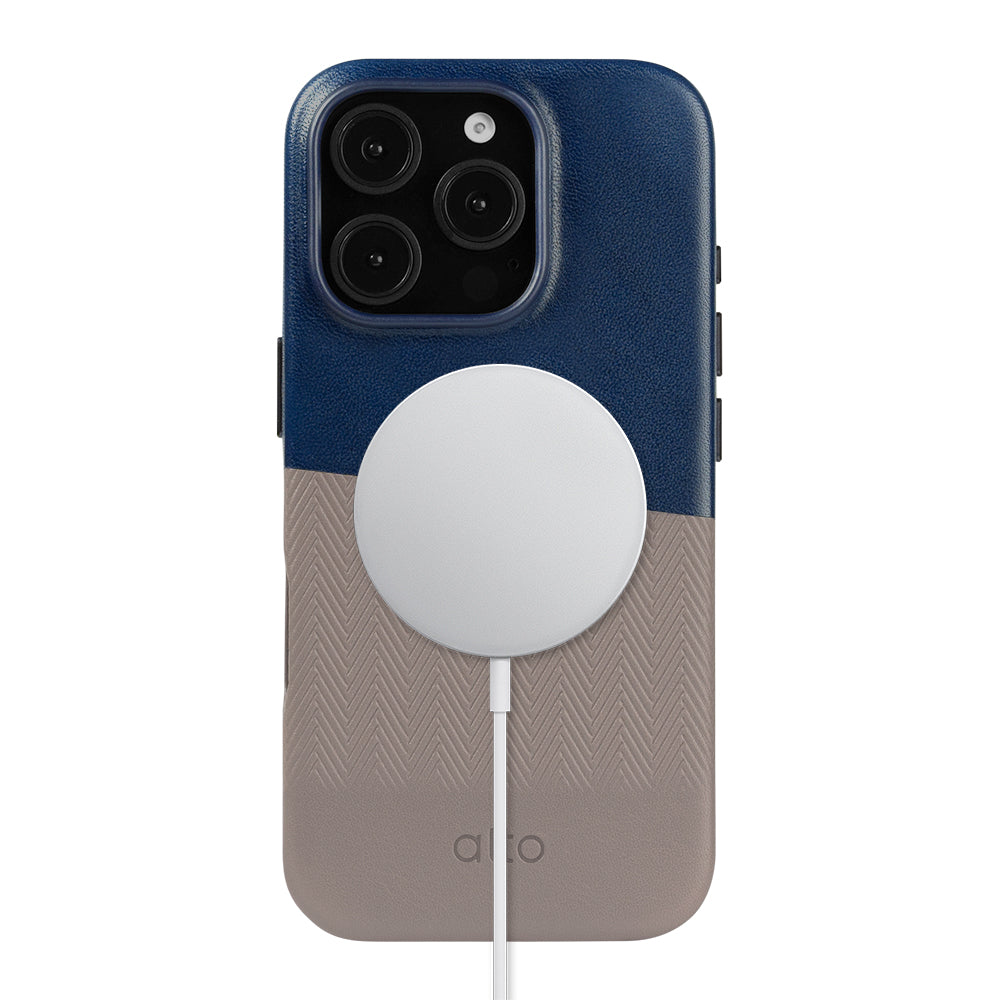 iPhone 16シリーズニシンマグサフレザーケース - ネイビーブルー /セメントグレー