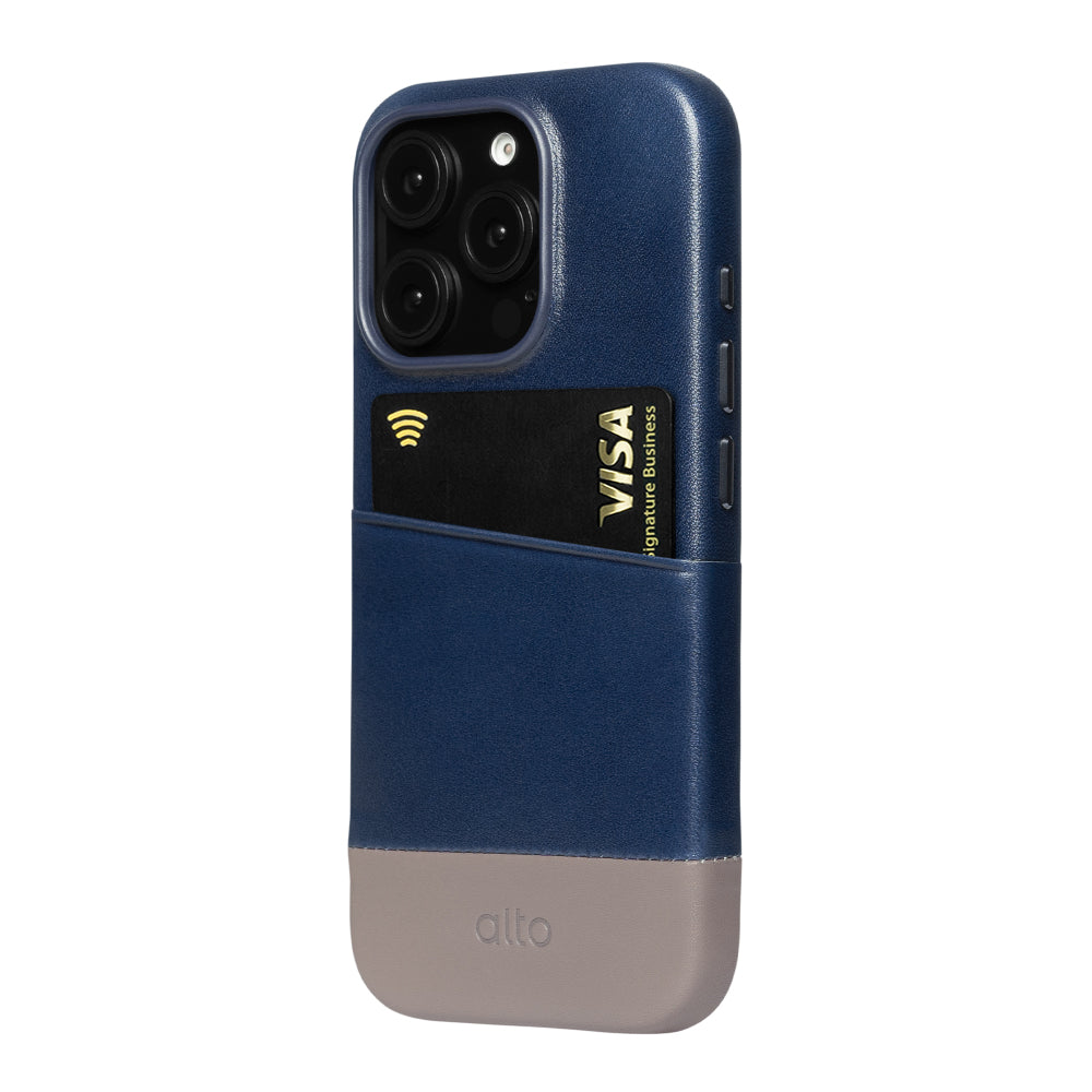iPhone 16 Series Metro Leather Wallet Case - Navy Blue / Cement Gray