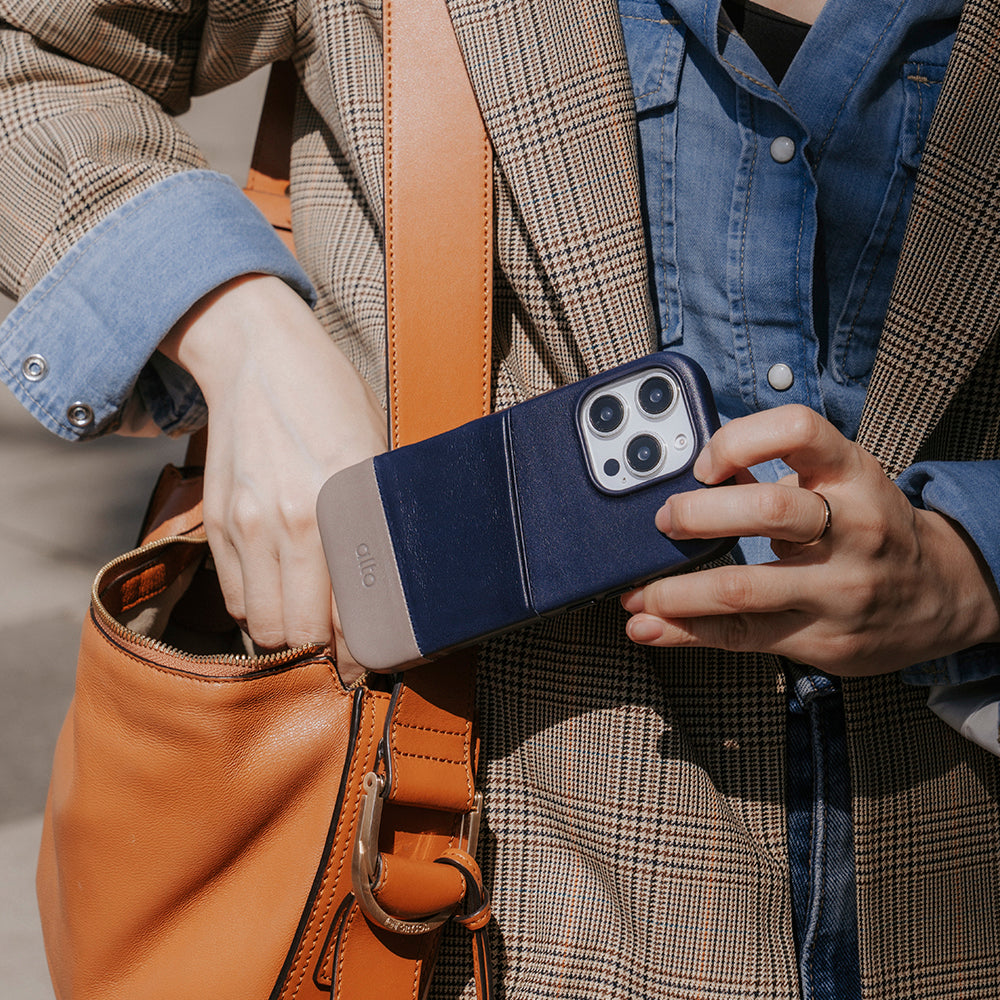 iPhone 16 Series Metro Leather Wallet Case - Navy Blue / Cement Gray