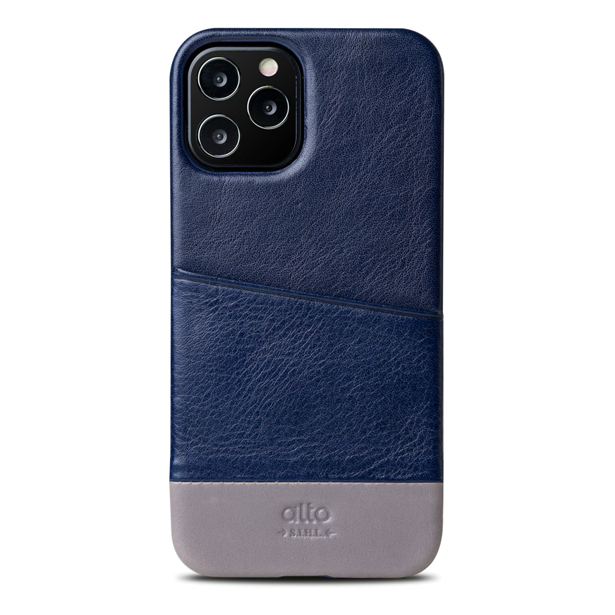 iPhone 12シリーズメトロレザーウォレットケース - ネイビーブルー/セメントグレー