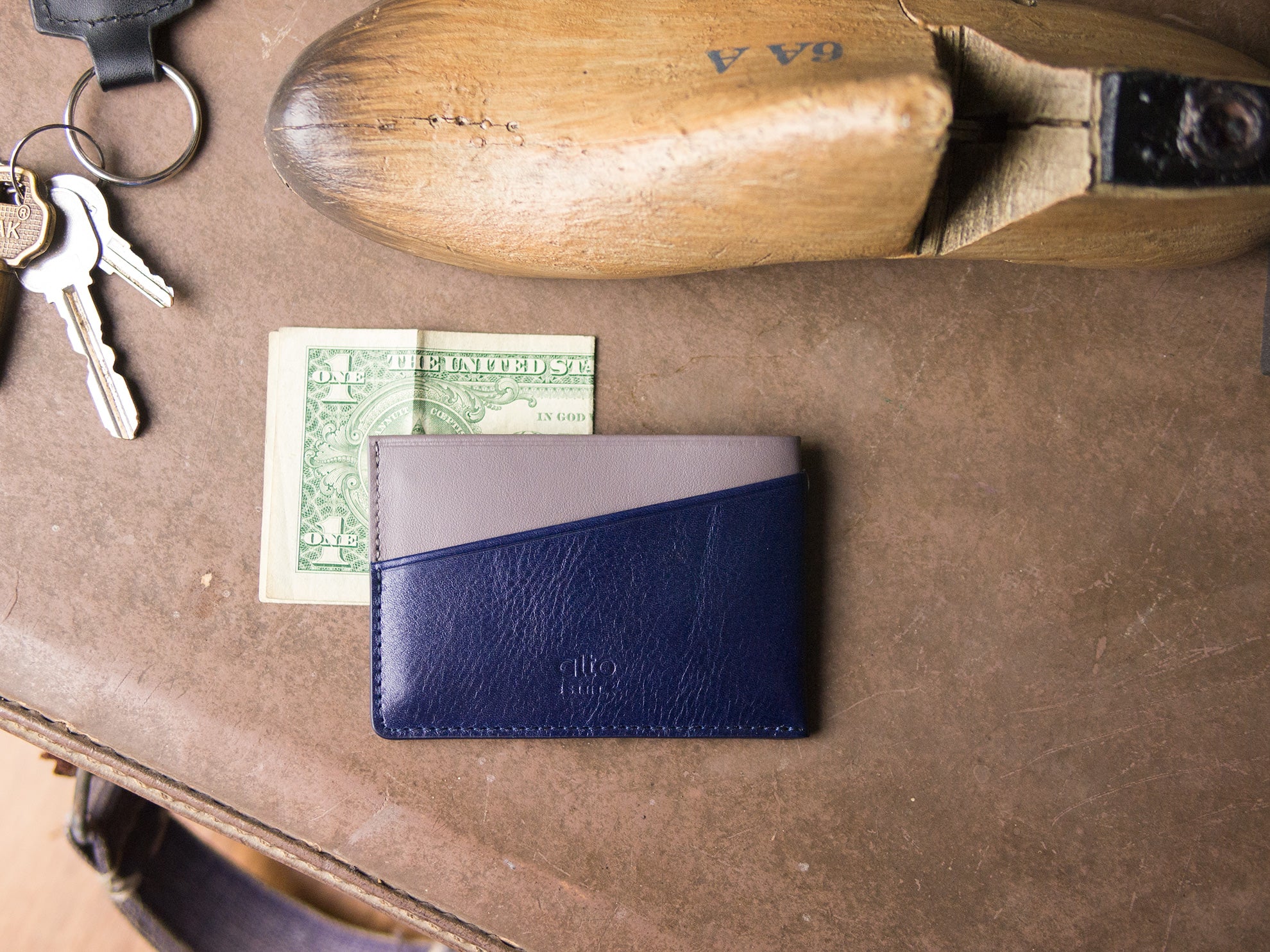 Leather Card Holder – Navy Blue/Cement Gray