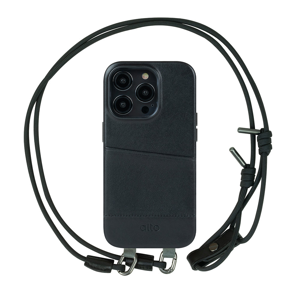 iPhone 14 Series Anello Leather Lanyard Case - Raven Black