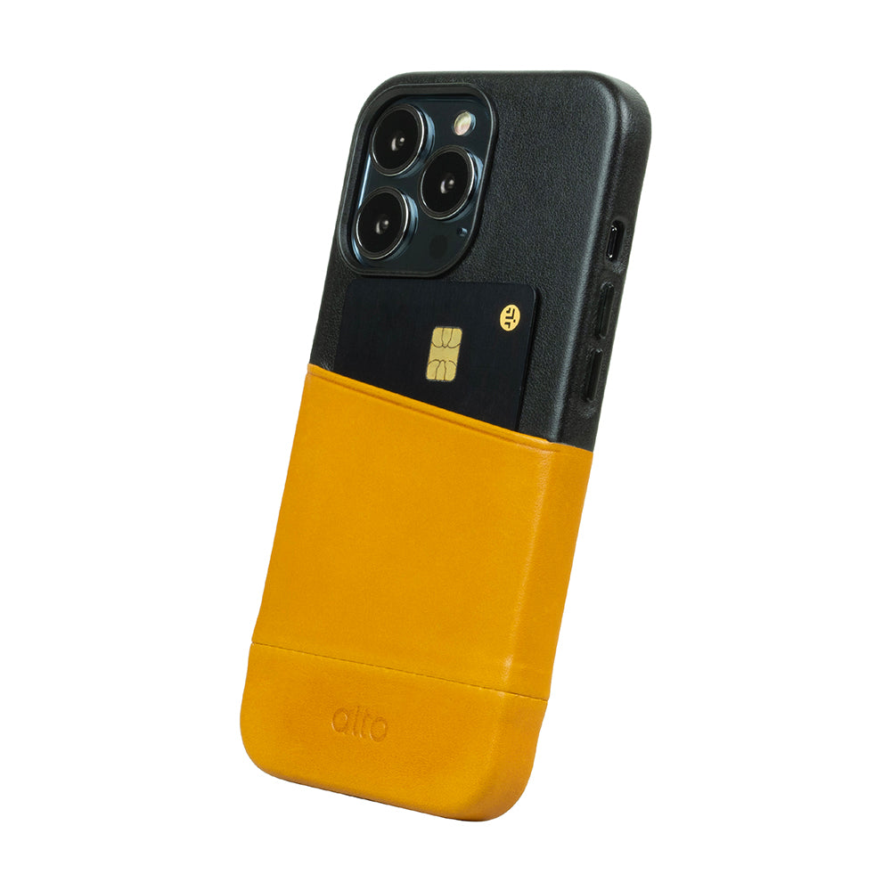 iPhone 13 Series Metro Leather Wallet Case - Raven Black/Caramel Brown