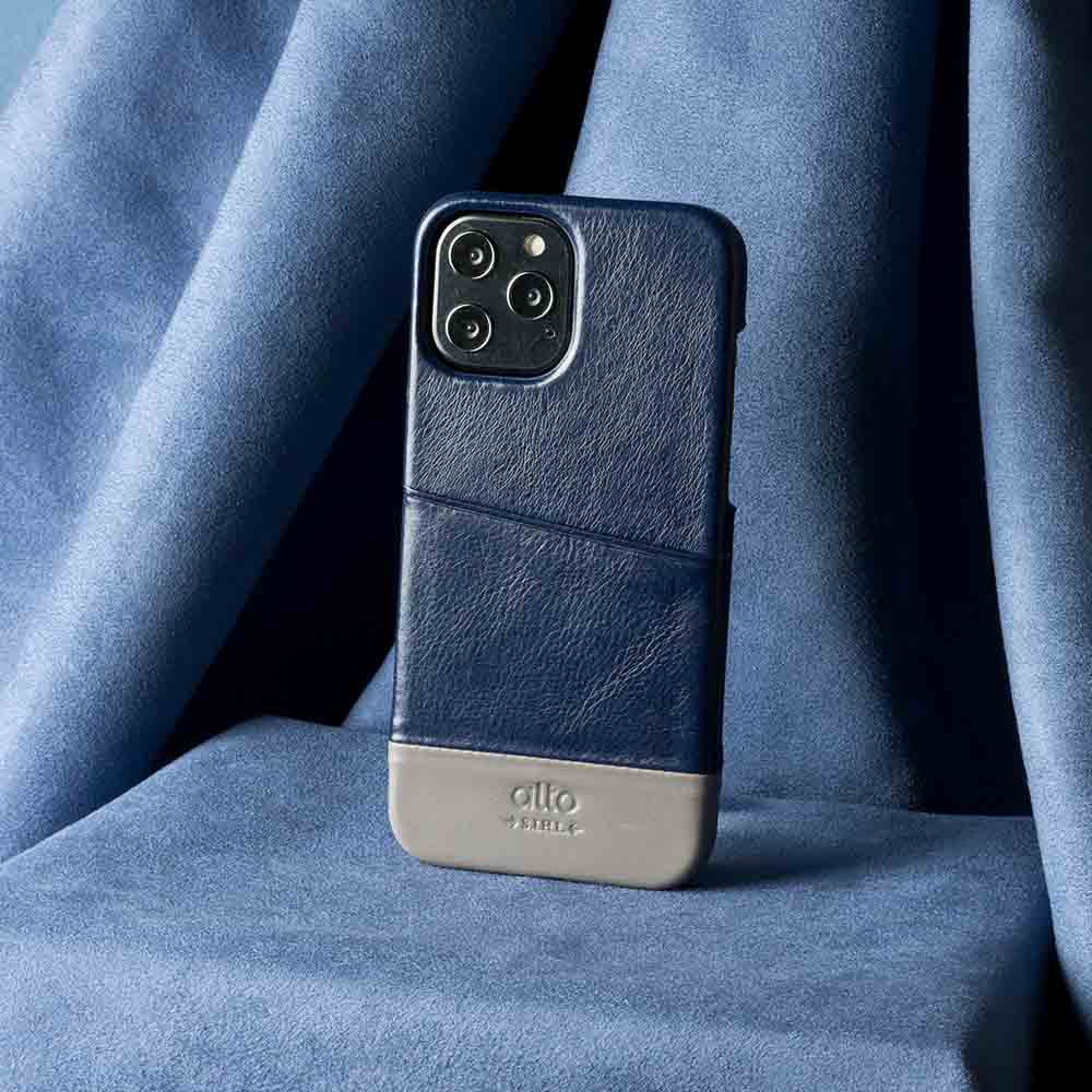 iPhone 12 Series Metro Leather Wallet Case - Navy Blue/Cement Gray
