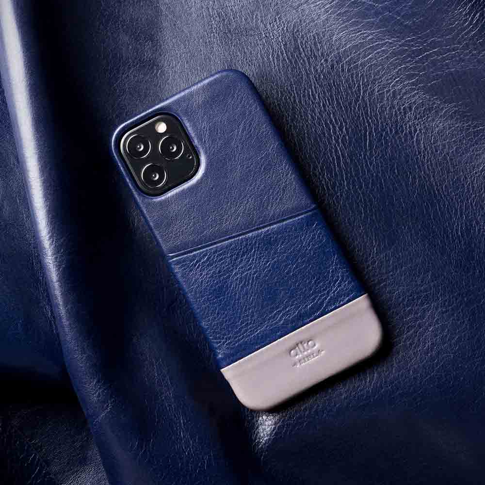 iPhone 12 Series Metro Leather Wallet Case - Navy Blue/Cement Gray