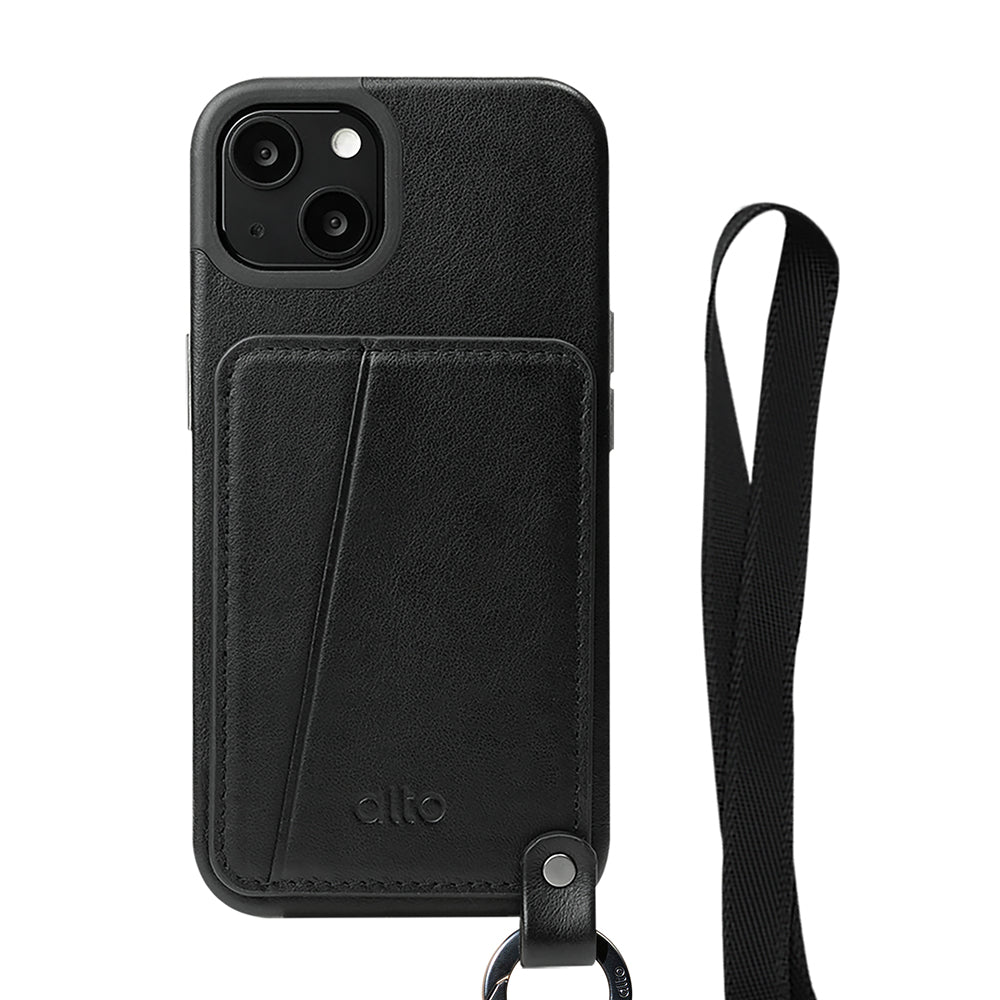 iPhone 13 Series Anello 360 Leather Lanyard Case - Raven Black