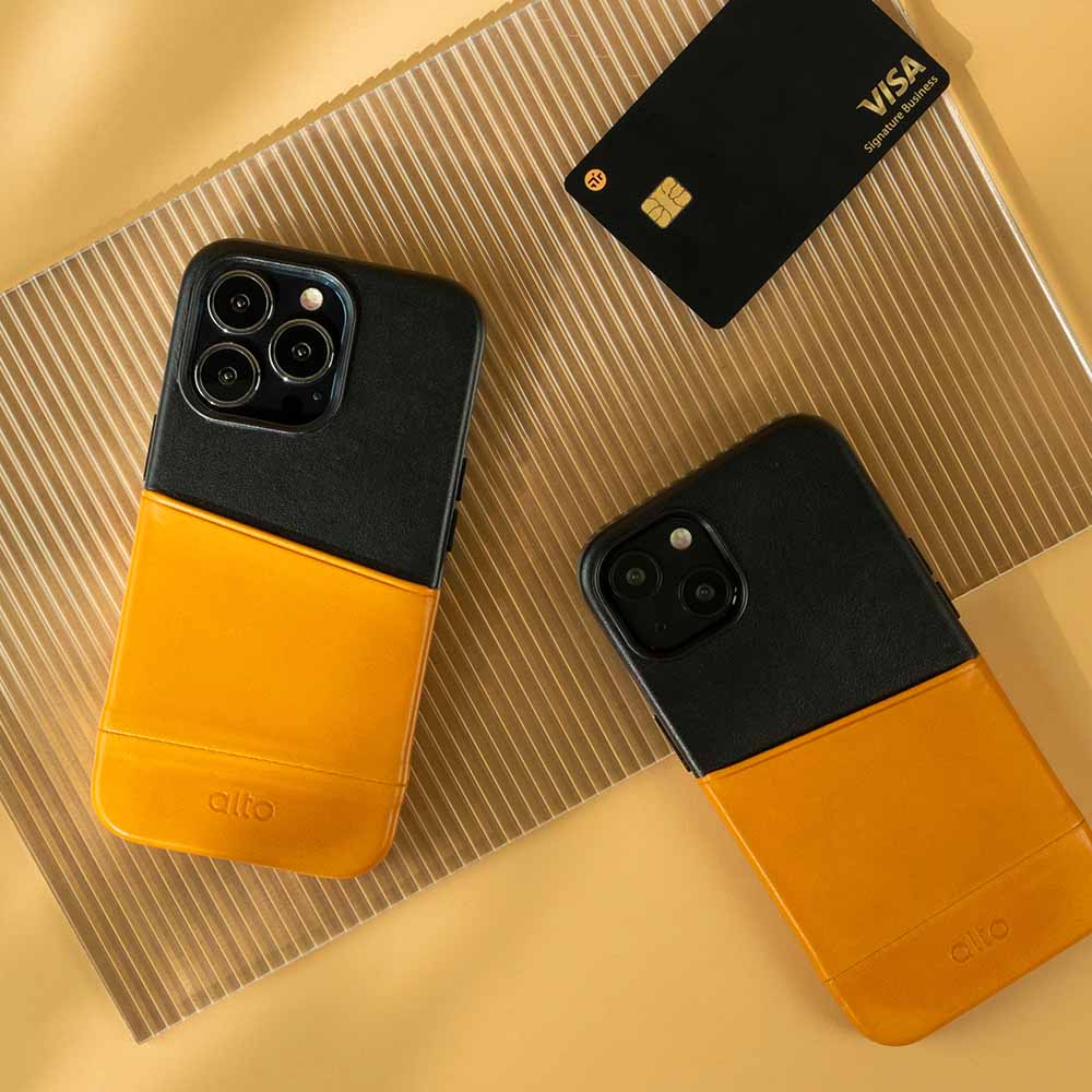 iPhone 13 Series Metro Leather Wallet Case - Raven Black/Caramel Brown